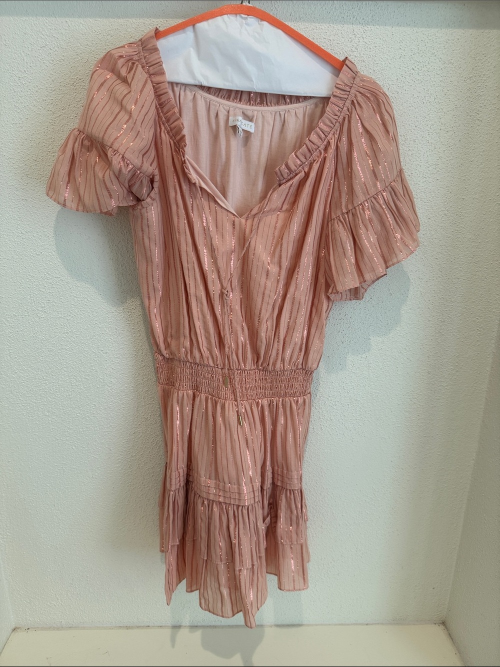 Smocked Waist Blush Pink Mini Dress with Metallic Stripe